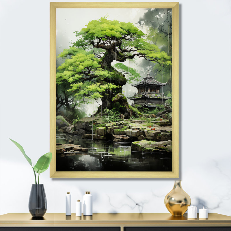 Bonsai japonais, sérénité I - Art mural japonais pour le salon, Cadre doré simple, H 32 po x l 16 po x P 1 po
