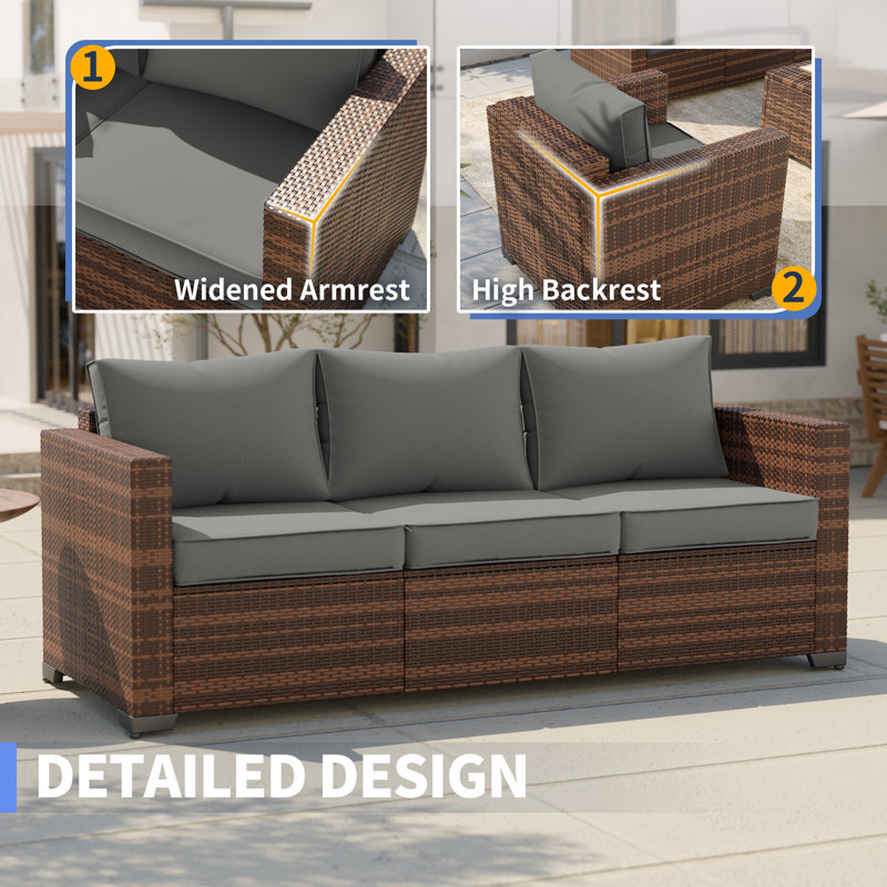 3-Seat Outdoor Wicker Patio Sofa, Grey