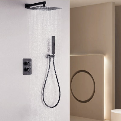 Dual Function Black Shower System Set – Rainfall & Handheld Shower Head with Thermostatic Anti-Scald Valve, Wall Mounted