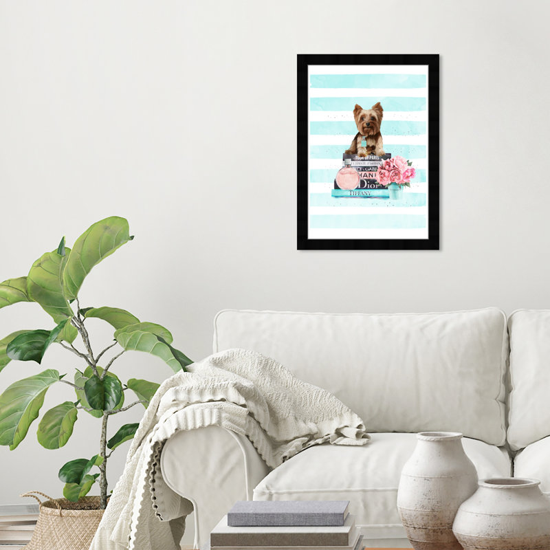 «Yorkie Mint Blue», impression encadrée, Cadre noir
