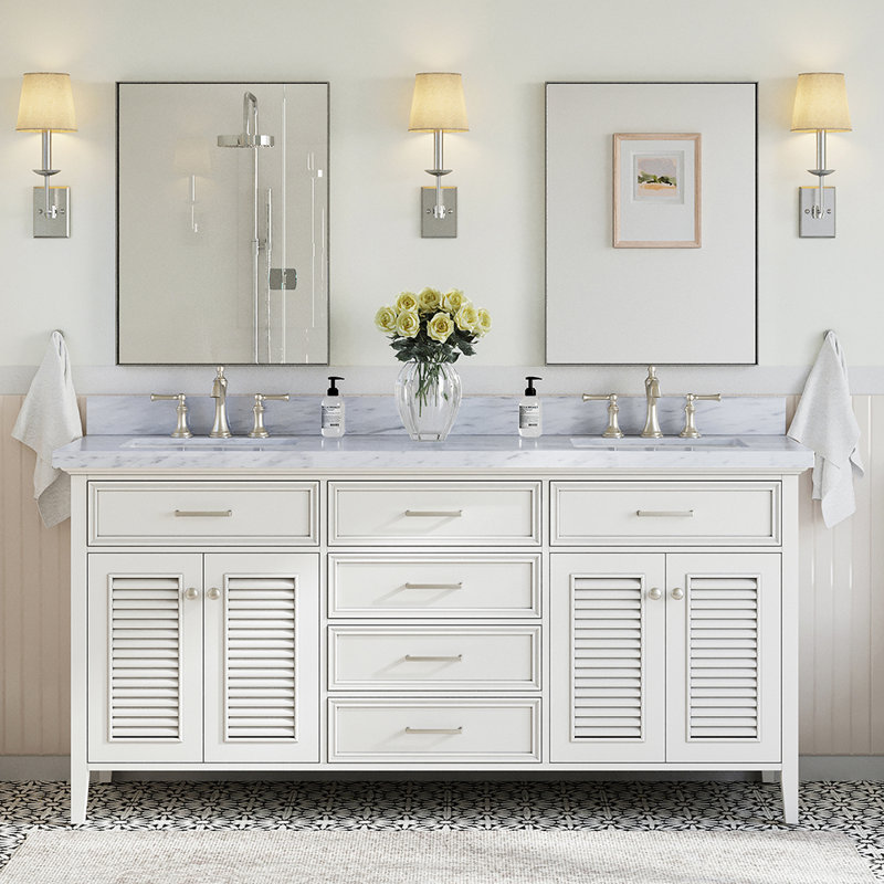 Kensington Double Vanity, White, Carrara White Marble, 73"