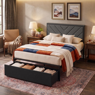 Twin Size Upholstered Platform Bed with 2 Storage Drawers and USB Charging Port, Metal Frame with Engineered Wood Slats, V-Stitch Headboard for Small Bedroom Guest Room, Gray