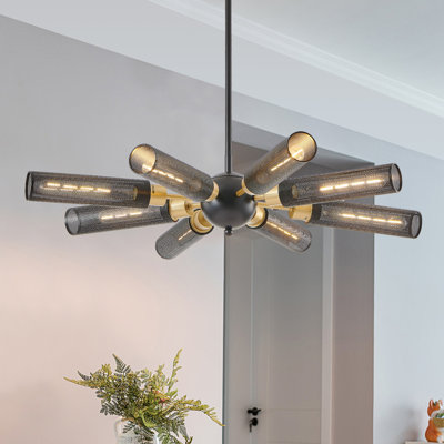 Lustre spoutnik industriel moderne de 34 po, luminaire suspendu en métal doré et noir à 8 lumières avec abat-jour en maille, base E26, hauteur réglable pour la salle à manger, le salon ou l'îlot de cuisine (ampoule non incluse)