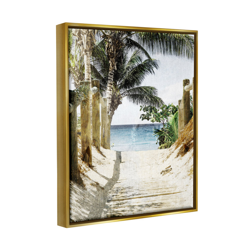 Sentier tropical de sable encadré sur toile par Marcus Prime, Cadre flottant métallique doré, H 31 po x l 25 po x P 1,7 po