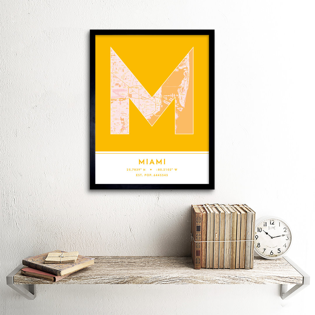 Miami City Map Miami Florida United States City Map Yellow - Single Picture Frame Typography
