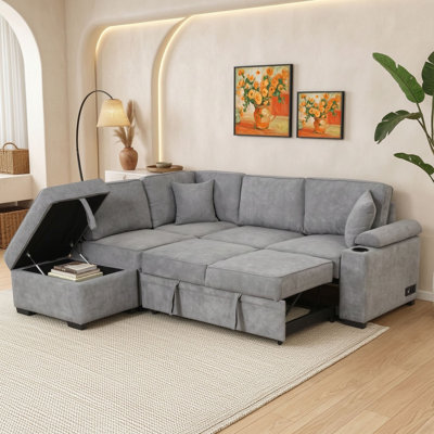 4-Seat L-Shaped Pull-Out Sleeper Sofa Bed with Storage Ottoman, Pocket Spring and Foam Seating for Living Rooms