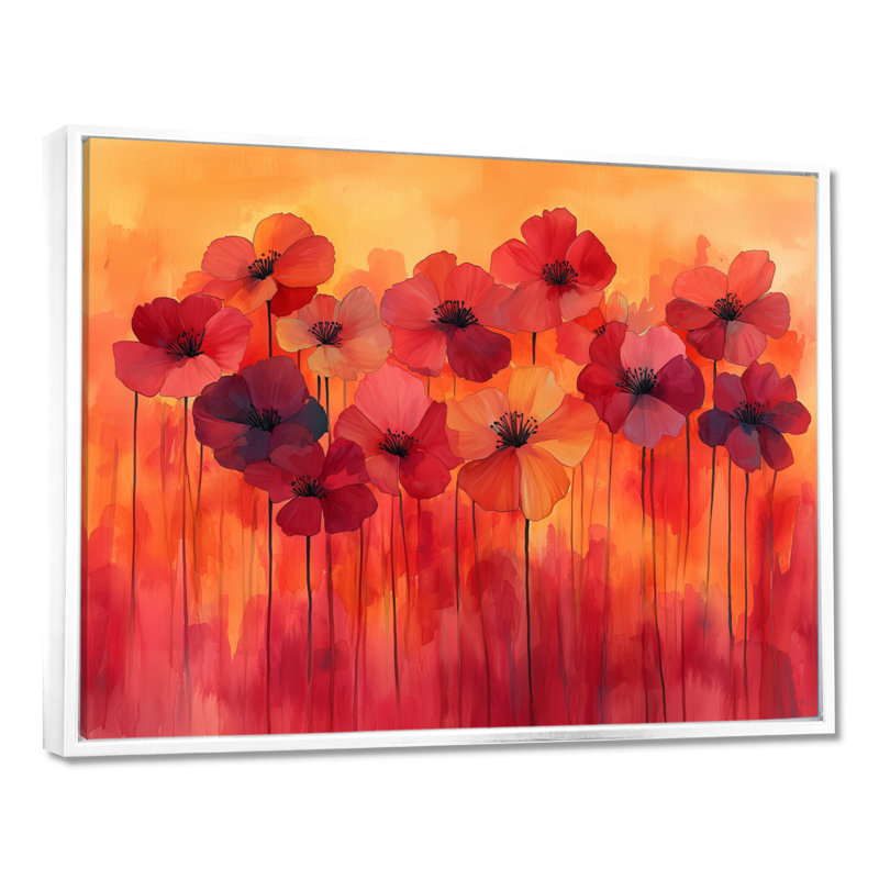 Geraniums en feu dans des nuances ardentes - Impression sur toile, Cadre flottant, H 16 po x l 32 po, Blanc