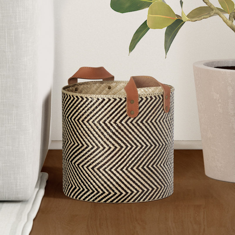 Laityn Pandan Chevron Storage Baskets with Leather Handle (Set of 2)