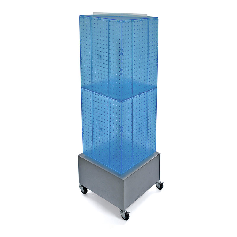 Blue Four-Sided Pegboard Display Tower with Metal Base