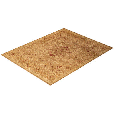 Tapis jaune / ivoire / brun noué à la main de conception unique 7 pi 10 po x 10 pi 1 po Vincenzina