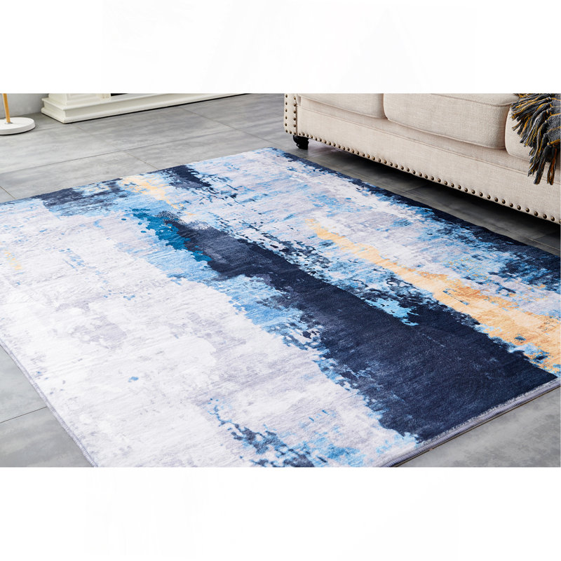 Tapis à motif abstrait gris et bleu lavable à la machine, Rectangulaire 3 pi x 5 pi