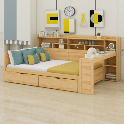Lit de jour en bois avec tablettes de rangement, lit multifonctionnel avec tiroirs de rangement et bureau d'étude