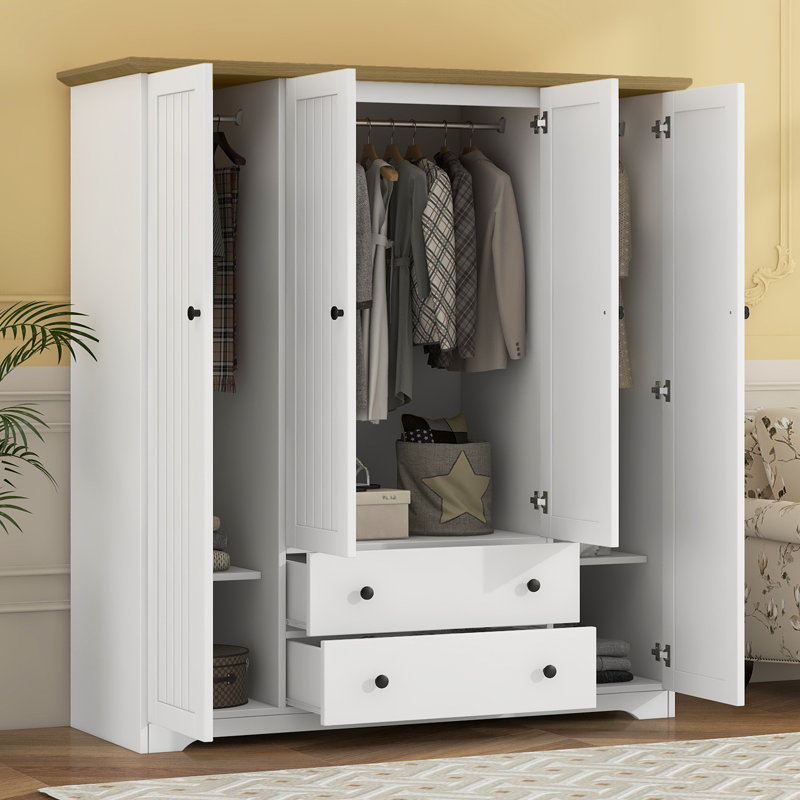 Armoire penderie 4 portes avec 2 tiroirs, Blanc