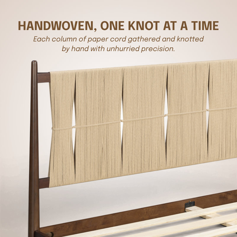 NTC Marenzo King Platform Bed with Handwoven Headboard – American Walnut Veneer, Solid American Walnut Legs, Artisan Craftsmanship, Silent Slats, Effortless Assembly, King – Dark Walnut