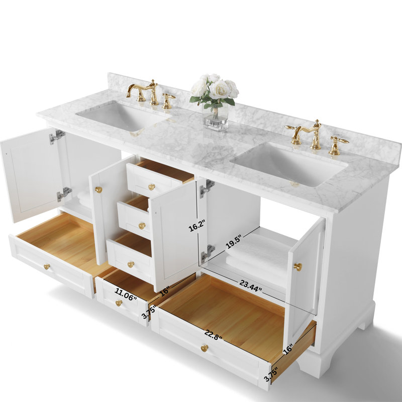 Audrey 66'' W Double Vanity, Carrara White, White | Brushed Gold