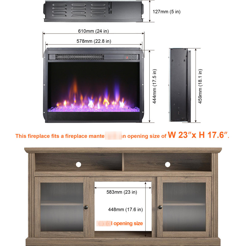 Foyer électrique encastré de 23 po - Flamme réaliste avec 9 niveaux de luminosité, 11 réglages de température, télécommande, protection contre la surchauffe, flamme ultra-mince de 23 pouces, minuterie.