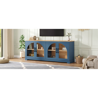 Meuble télé Farmhouse avec portes en verre semi-arquées pour téléviseur de 70 po ou moins, console multimédia élégante à deux tons avec tablettes réglables, buffet à grain de bois avec gestion des câbles