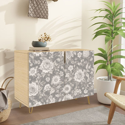 Buffet Buffet avec rangement Vintage Floral Roses Daisies Gris avec 2 portes pour le salon et la cuisine