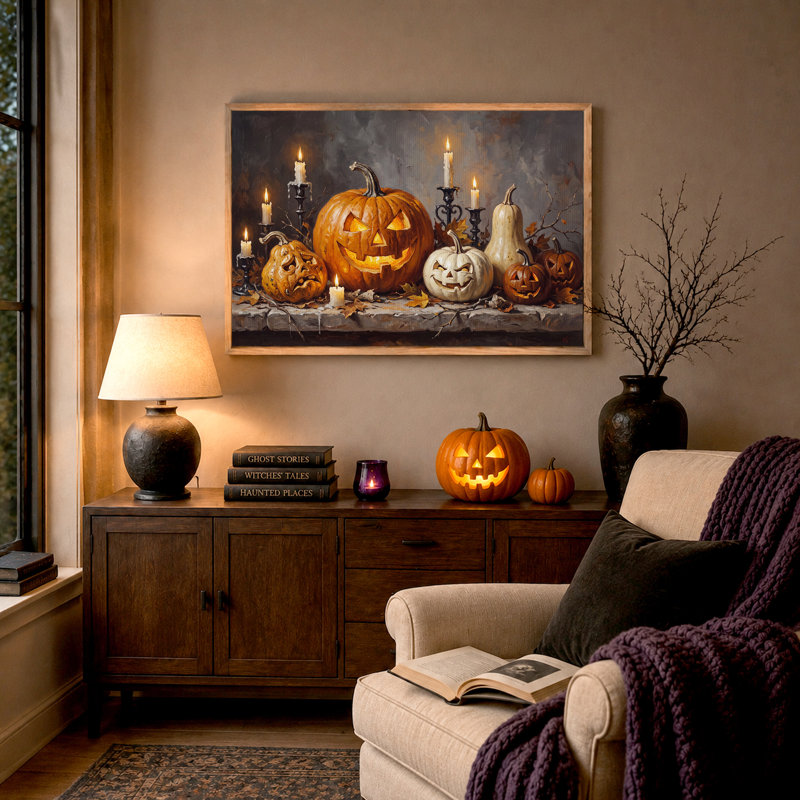 Art mural sur toile, citrouilles et bougies allumées, H 18 po x l 24 po