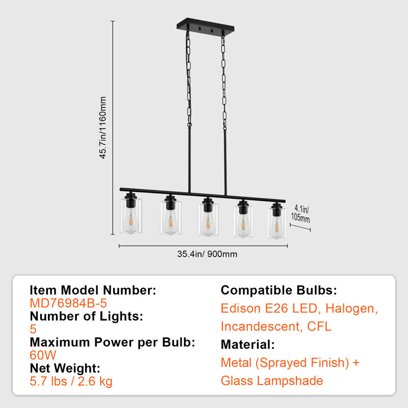 Suspension d'îlot de cuisine à 5 lumières, 60 W, luminaire de salle à manger réglable avec abat-jour en verre transparent, 4 tiges et 2 chaînes métalliques, douille E26, structure métallique, lustre linéaire de style ferme pour salle à manger