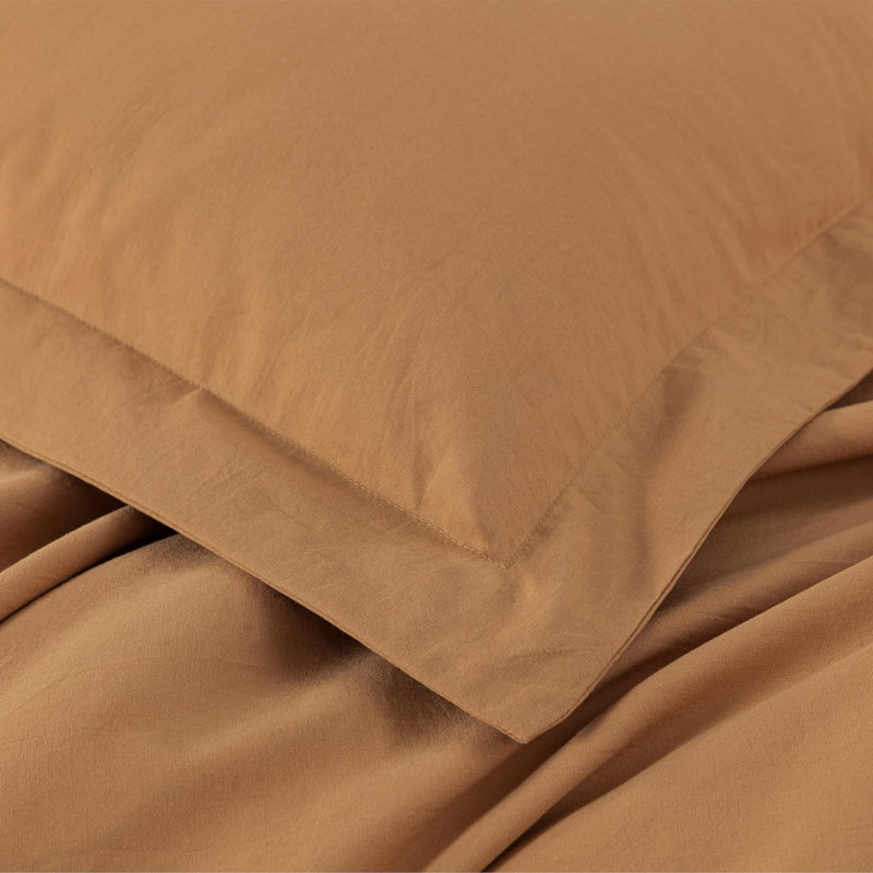  Solid Color 100% Washed Cotton Duvet Cover Set , Queen Duvet Cover + 2 Standard Shams, Caramel