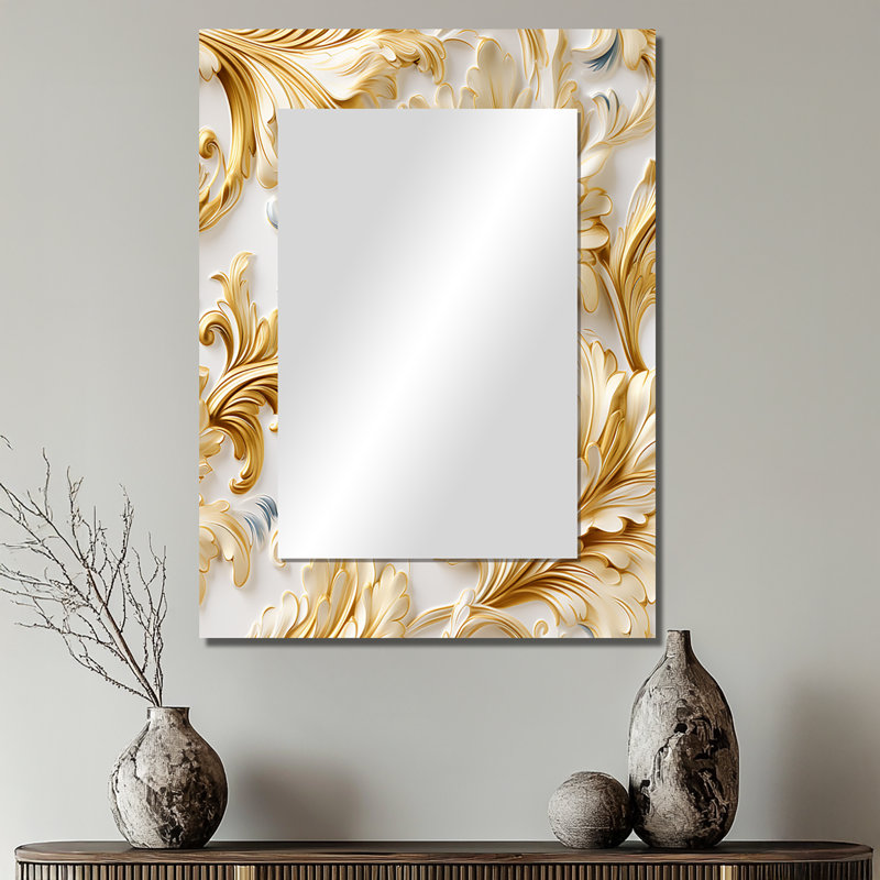 Sruthy Gold And White Gilded Damask Reverie - damask  Large Wall Mirror, Boho Unique Mirror, Printed Metal Art, 32" x 24"