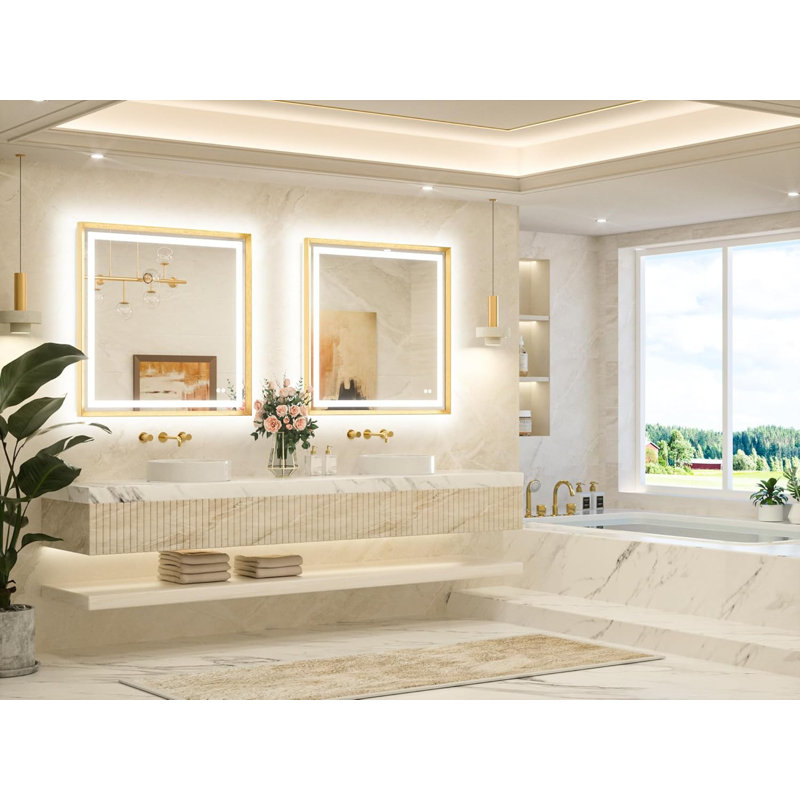 Bathroom Led Mirror Brushed Gold Metal Frame Frontlit & Backlit Vanity Mirror Anti-Fog Stepless Dimmable 3 Colors Wall-Mounted