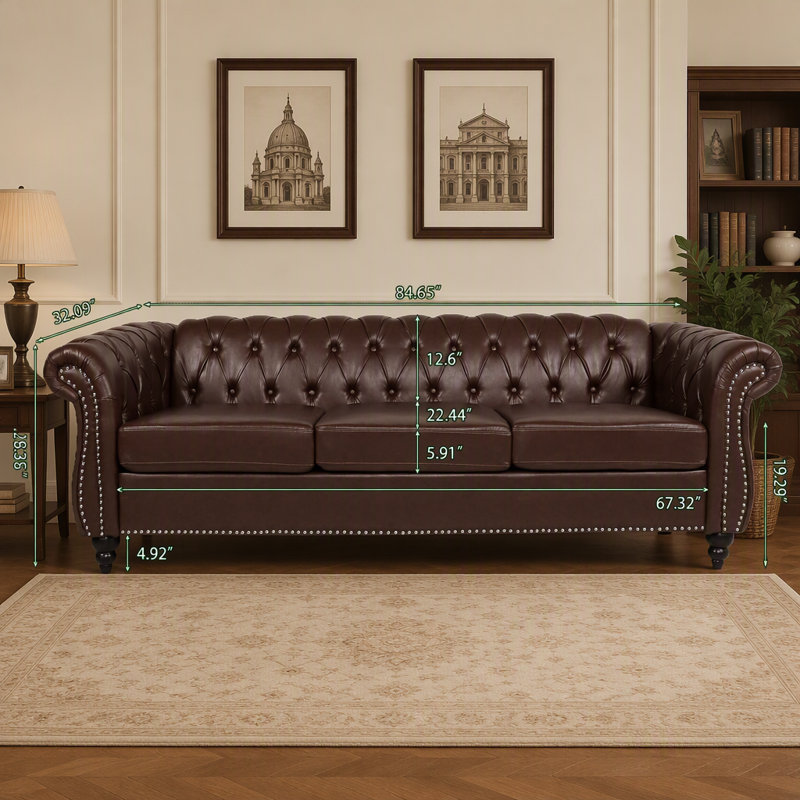 Canapé Chesterfield 84,65 po, Simili cuir brun foncé