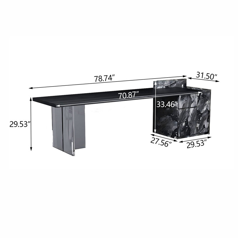 Bureau de direction rectangulaire noir en pierre frittée avec cabinet, H 29,53 po x l 78,74 po x P 31,50 po