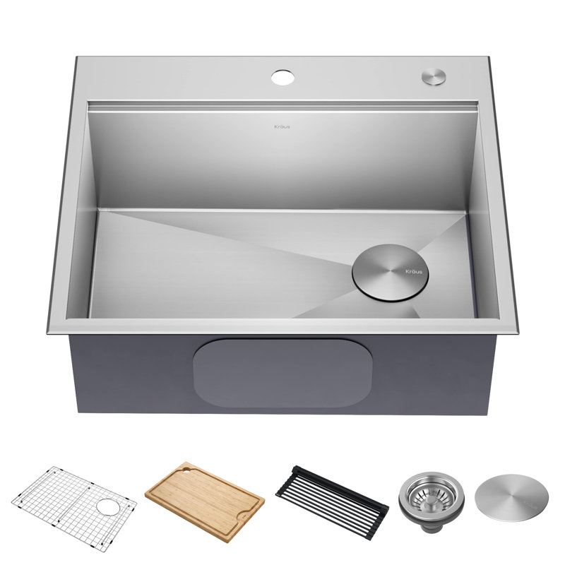 KRAUS Kore™ Workstation 25-inch L Drop-In 16 Gauge Single Bowl Stainless Steel Kitchen Sink with Accessories