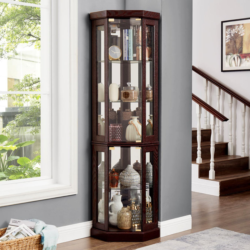 Corner Glass Cabinet Lighted Curio Cabinet Corner Display Case For Living Room, Curio Cabinet, Antique Collection, Wine,Bar Glass Storage Light Included,Dark Cherry