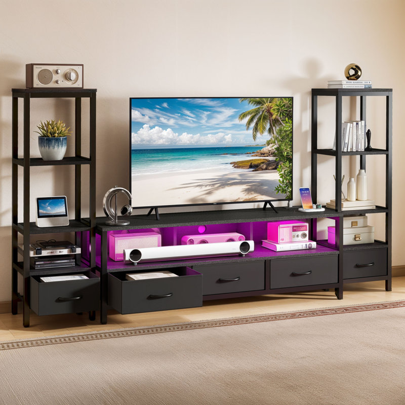 89" Flexible Modular Industrial TV Stand, Entertainment Center, Media Consoles, with Drawers, LED Strip and 4 Tier Pier Book Case
