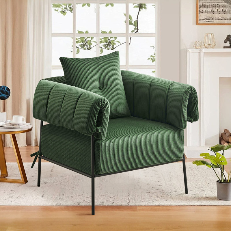 Fauteuil rembourré avec coussin d'assise et coussin plus épais, Velours côtelé vert