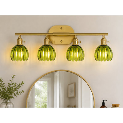 Miroir de salle de bain 4 lumières en laiton avec abat-jour tulipe vert