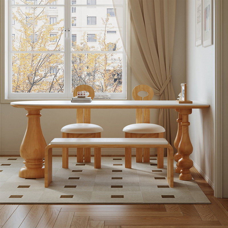 Table de salle à manger demi-cercle en bois massif et pierre frittée, aspect bois de ronce blanc
