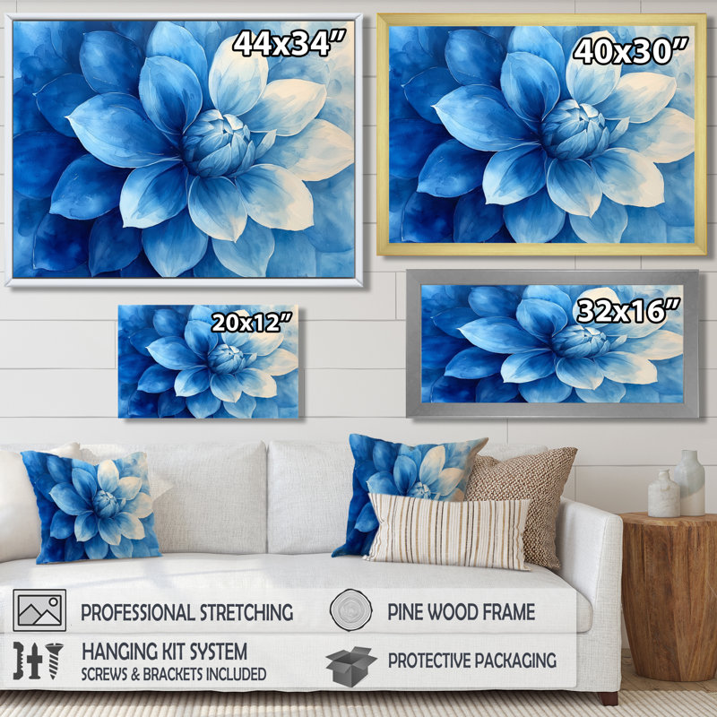 Blanc sur velours bleu Dahlia Bloom II - art mural Dahlia, H 16 po x l 32 po, Noir
