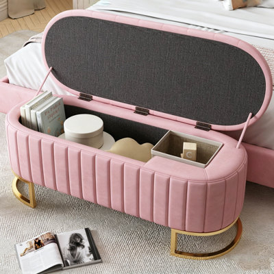 Élégant repose-pieds de rangement rembourré en velours avec capitonnage à boutons, banc de rangement avec pieds en métal pour la chambre à coucher, le salon, entièrement assemblé sauf les pieds