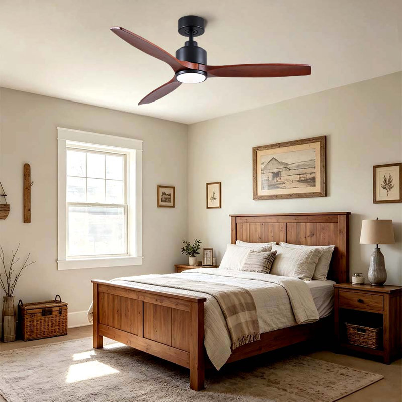 Ventilateur de plafond en bois massif noir mat à 3 pales de 52 po avec lumière DEL, moteur DC et télécommande Farmhouse, Noir