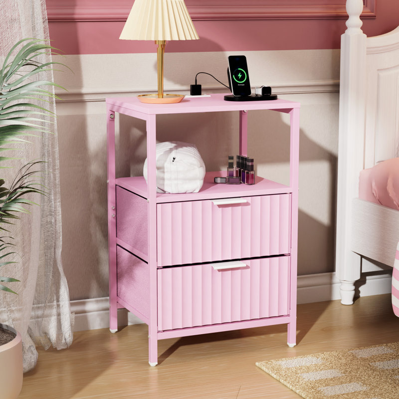 15 Inches Wide Nightstand - 2 Drawers, 1 Shelf, US Power Outlet, Pink