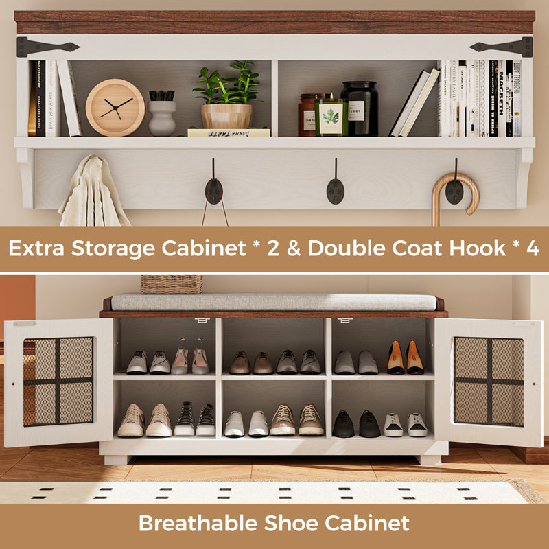 39.76" Wide Hall Tree With Bench And Shoe Storage, Entryway Bench With Soft Seat Cushion, Wall Mount Coat Rack Shoe Bench Set For Hallway