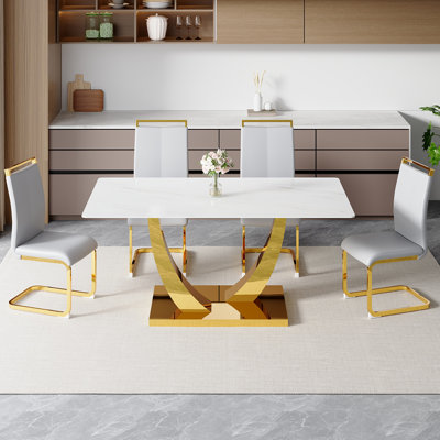 Modern Dining Table Set For 4,Rectangular Pedestal Dining Table With Chairs