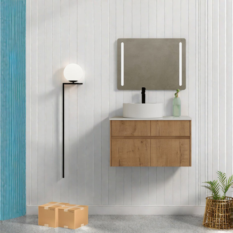 Meubles-lavabos muraux (incluant le meuble et le lavabo), contreplaqué de chêne, salle de bain moderne, Brun 1