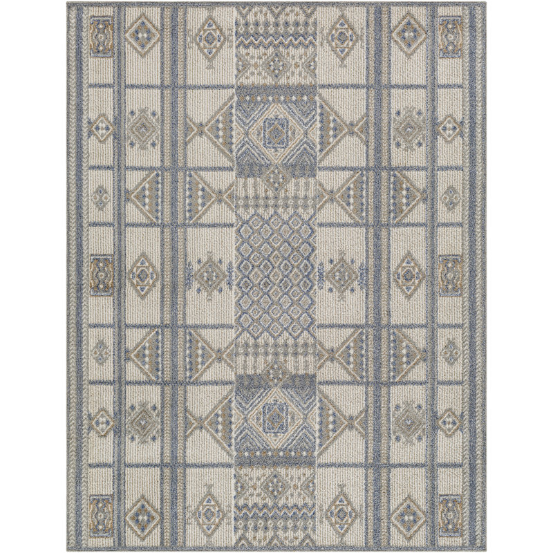 Tapis géométrique rectangulaire bleu en polypropylène tissé à la machine, Rectangle 5 pi 3 po x 7 pi
