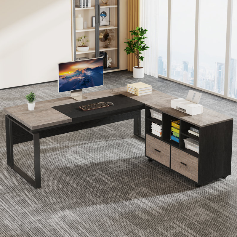 Burgener L-Shape Executive Desk with File Cabinet, Gray/Black