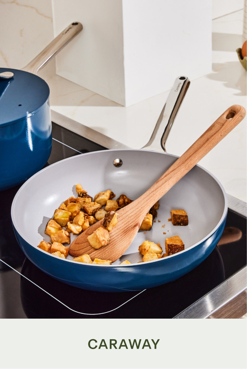 Caraway cookware on stovetop with food
