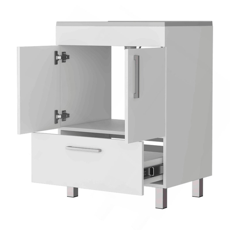Meuble-lavabo simple avec lavabo, tiroir simple, double porte, noir, Blanc