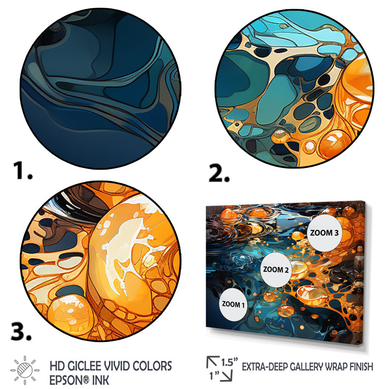 «Orange Orange and Blue River Serene Journey III», art mural abstrait à l'encre liquide, Cadre flottant noir