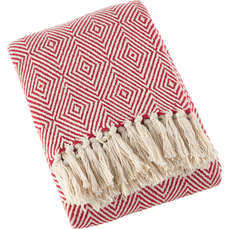 Red Cotton Diamond Weave Reversible Throw Blanket with Tassels