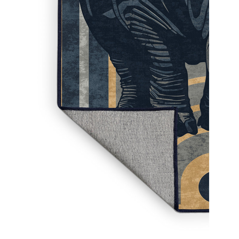 Tapis art déco lavable à la machine Ozain Hippopotamus en gris - reliure marine, 6 X 9
