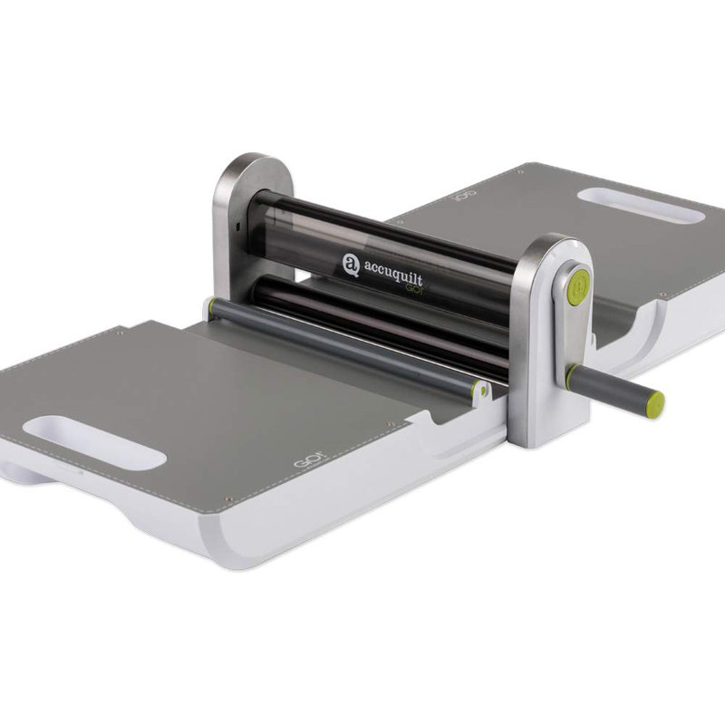 AccuQuilt GO! Fabric Cutter Starter Set including the GO! Fabric Cutter, Original Handle, GO! Value Fabric Cutting Die, GO! 6” x 12” Cutting Mat, 20 Pg Pattern Book, and Die Pick.